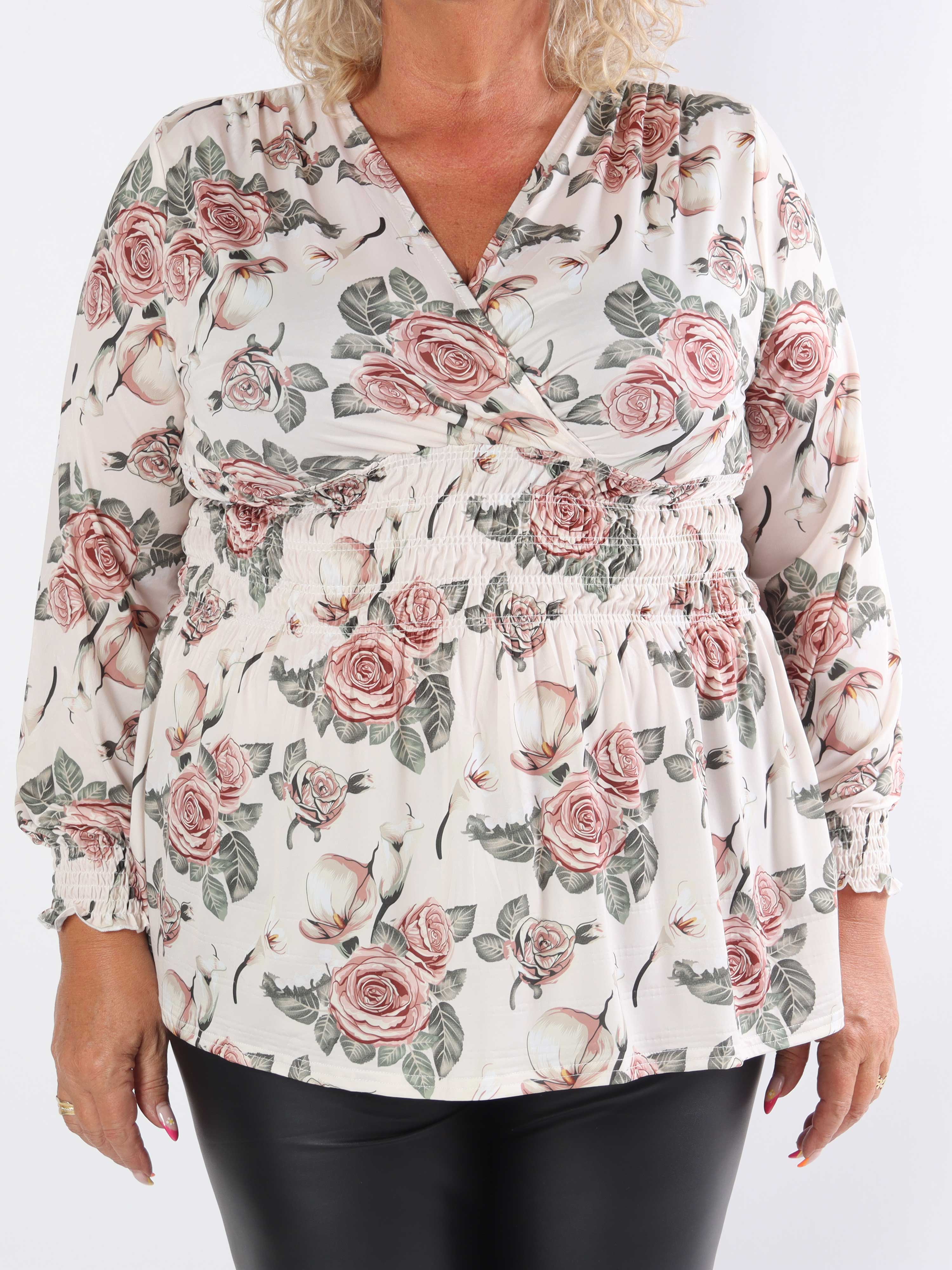 Pams Rose Shirt L/S - Elastisk plus size blus i skrynkelfritt tyg med rosor